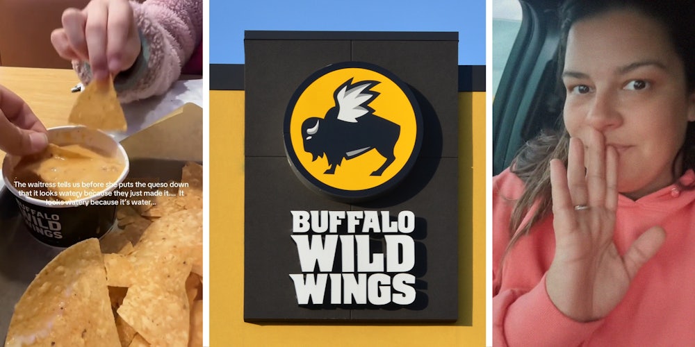 Nachos Cheese(l) Buffalo Wild Wings Sign(c) Woman wearing pink hoodie(r)